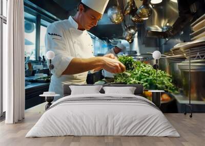 A chef preparing a dish with fresh, homegrown ingredients in a restaurant kitchen Wall mural