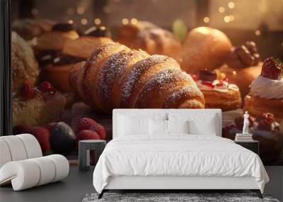 A close-up of 3D-rendered organic pastries with vintage elements in a warm bakery setting Wall mural