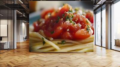 A close-up of a plate of pasta with a homemade tomato sauce made from garden-fresh tomatoes Wall mural