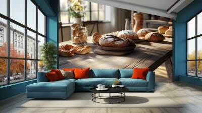 A cozy wooden table with 3D-rendered freshly baked organic bread and pastries Wall mural