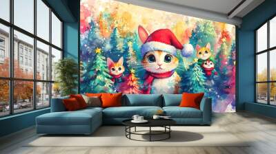 A cute rabbit in a Santa hat surrounded by colorful Christmas trees, cheerful kittens wearing Santa suits, and big-eyed people smiling in a vibrant scene full of watercolor splashes Wall mural