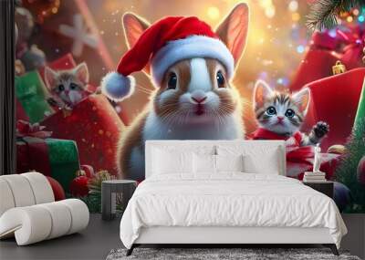 A cute rabbit in a Santa hat surrounded by vibrant Christmas gifts, cheerful big-eyed people, and kittens in Santa suits in a festive, colorful holiday scene full of decorations Wall mural