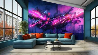 A dynamic graffiti wall with glowing neon lights and digital distortions Wall mural