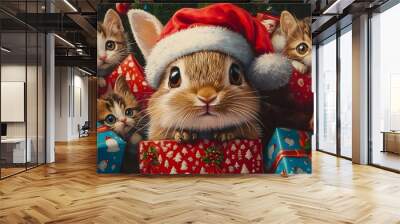 A hyper-realistic oil painting of a cute rabbit in a Santa hat surrounded by colorful Christmas gifts, cheerful big-eyed people, and festive kittens in Santa suits in a vibrant scene Wall mural