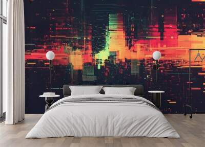 A retro pixel art scene disrupted by colorful glitch effects and abstract digital noise Wall mural