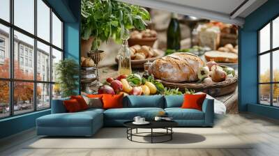 A table set with fresh bread and vegetables ready for a farm-to-table meal Wall mural