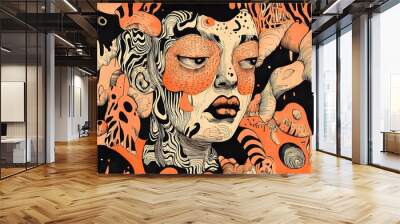 Bold Peach Fuzz hand-drawn doodles layered in custom patterns to create a detailed narrative with maximalist flair Wall mural