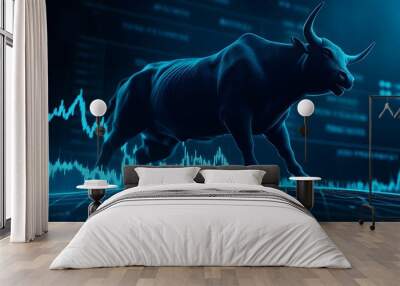 Bull pushing a stock market graph upward representing financial growth Wall mural