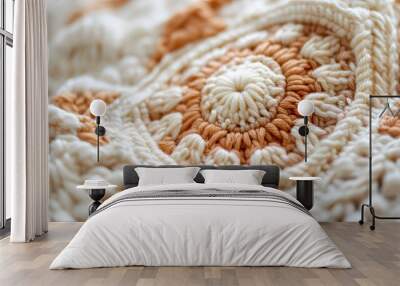 Close-up of intricate crochet patterns with soft, textured yarn in warm tones Wall mural