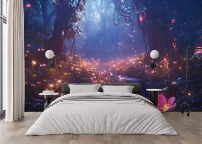 Dreamlike mystical forest with glowing flowers ethereal creatures enchanted atmosphere Wall mural