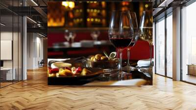 Luxurious decor with deep red tones and a selection of fine wines and tapas Wall mural