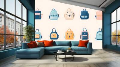 Minimal pastel backpack set of icons with soft colors and clean lines isolated on a plain background Wall mural