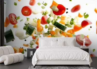 Mixed vegetables falling with natural lighting isolated on a white backdrop Wall mural