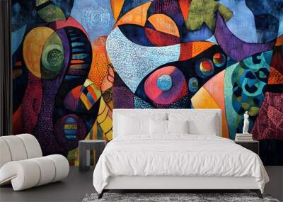 Otherworldly abstract art with complex organic shapes and modern geometric patterns in vivid colors Wall mural