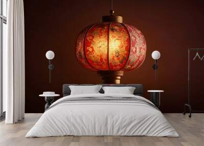 Oval lantern with traditional Chinese patterns in red and gold cartoon-style Wall mural