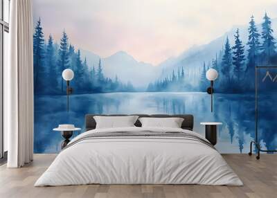 Peaceful mountain lake at dawn with mist rising pine trees watercolor soft tones Wall mural