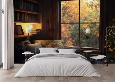 Rustic cozy reading nook soft warm light by window on rainy day Wall mural