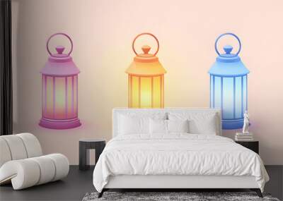 Simple pastel lantern set of icons with smooth edges and soft pastel glow isolated on a light background Wall mural