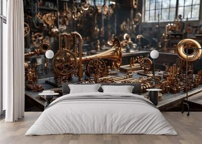 Steampunk-inspired workshop gears brass instruments vintage industrial intricate machinery heavy textures Wall mural