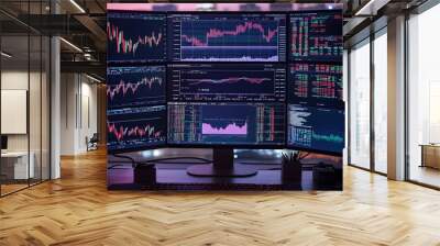 Stock market graphs and live trading data displayed on a multi-window trading screen Wall mural