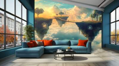 Surreal landscape sky bright colors whimsical floating islands connected bridges Wall mural