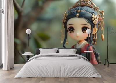 The girl dressed in a Han Dynasty outfit, her hair adorned with golden pins, blind box toy with soft sculpted texture Wall mural