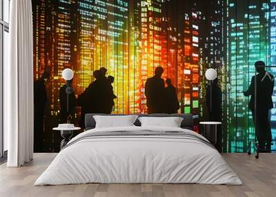 Traders gathered around a large stock market display with lights reflecting quick trades Wall mural