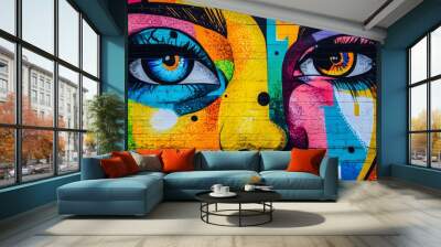 Vibrant street art mural in a bustling city with colorful graffiti bright colors and diverse people bold lines and strong 3D elements Wall mural