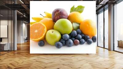 A vibrant assortment of fresh fruits, including bananas, apples, oranges, and berries, perfect for healthy eating or recipes. Wall mural