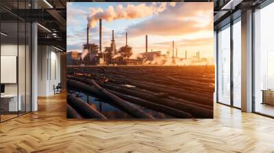 An industrial landscape featuring smoke-stacked factories at sunset, with logs in the foreground, showcasing environmental impact. Wall mural