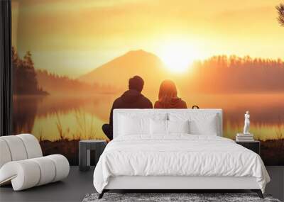 Couple enjoying a peaceful sunset by a serene lake with mountains in the background, reflecting tranquility and togetherness. Wall mural