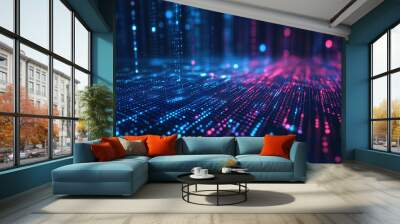 Digital data visualization with vibrant blue and pink lights creating dynamic background. This abstract representation of big data technology showcases clusters of data points Wall mural