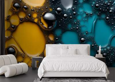 Vibrant liquid textures showcase mesmerizing blend of yellow and teal, with glossy bubbles creating an intriguing visual effect. interplay of colors and shapes evokes sense of fluidity and depth Wall mural