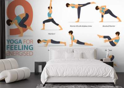 7 Yoga poses or asana posture for workout in everyday stretches concept. Women exercising for body stretching. Fitness infographic. Flat cartoon vector Wall mural