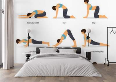 9 Yoga poses for workout in yoga flow for energy concept. Woman exercising for body stretching. Yoga posture or asana for fitness infographic. Flat cartoon vector. Wall mural