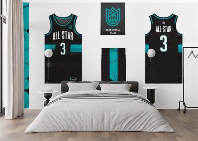 Basketball uniform mockup template design for basketball club. Basketball jersey, basketball shorts in front and back view. Basketball logo design.  Wall mural