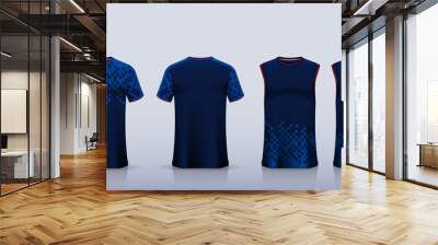 Blue Checkered pattern T-shirt mockup or sport shirt template design for soccer jersey or football kit. Tank top for basketball jersey or running singlet. Sport uniform in front view back view. Vector Wall mural