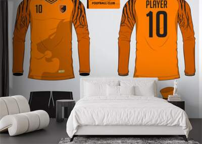 Long sleeve soccer jersey or football kit, short, sock template for sport club. Tiger stripes football t-shirt mock up. Front, back view soccer uniform. Flat football logo label. Vector Illustration. Wall mural