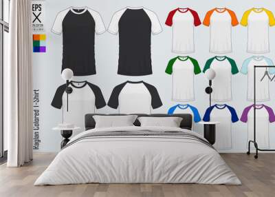 Raglan round neck t-shirts templates. Set of colored sleeve jersey mockup in front view and back view for baseball, soccer, football , sportswear or casual wear. Vector illustration. Wall mural