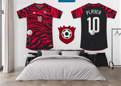 Red soccer jersey or football kit mockup template design for sport club. Soccer logo in flat design. Vector. Wall mural