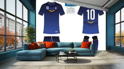 Soccer jersey or football kit, short, sock template for sport club. Football t-shirt mock up. Front and back view soccer uniform. Flat football logo on blue label. Vector Illustration. Wall mural