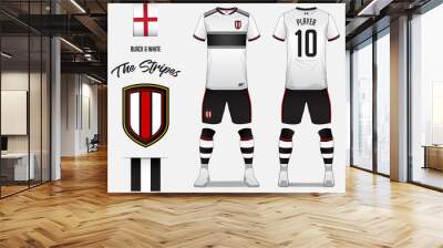 Soccer jersey or football kit template for football club. Black and white stripe football shirt with sock and short mock up. Front and back view soccer uniform. Football logo and Flag label. Vector. Wall mural