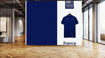 Soccer jersey pattern design. France flag pattern on blue background for soccer kit, football kit, sports uniform. T shirt mockup template. Fabric pattern. Abstract background.  Wall mural