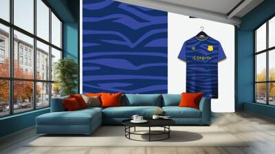 Soccer jersey pattern design. Zebra stripe pattern on blue background for soccer kit, football kit, sports uniform. T shirt mockup template. Fabric pattern. Abstract background.  Wall mural