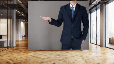 Close up Business man is holding something , grey background in studio Wall mural