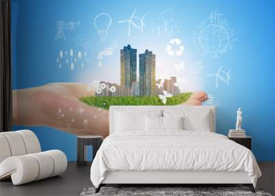 Hand hold green city, Save earth concept Wall mural