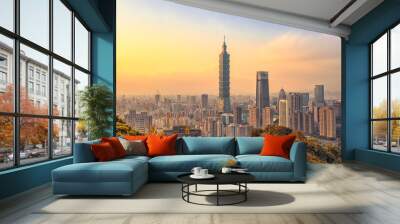 Taipei, Taiwan - January  25, 2019: skyline of taipei city with 101 tower at sunset Wall mural