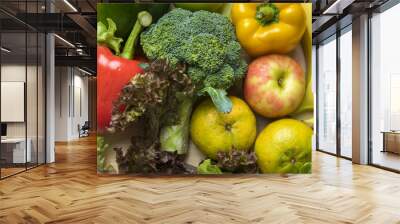 Vegetables and fruits on wood table ,Healthy food concept Wall mural