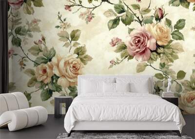 A classic Victorian wallpaper featuring ornate patterns of roses and vines in soft, muted colors. The design is detailed and luxurious, with the patterns arranged in a symmetrical, repeating pattern. Wall mural