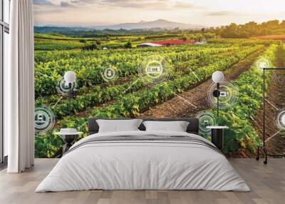 A smart farm with interconnected IoT devices controlling various aspects of farming, from irrigation to pest control. The image shows a lush field with sensors placed throughout, all connected to a Wall mural